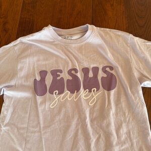Jesus Saves Freeze Lavender and White Graphic Tee
